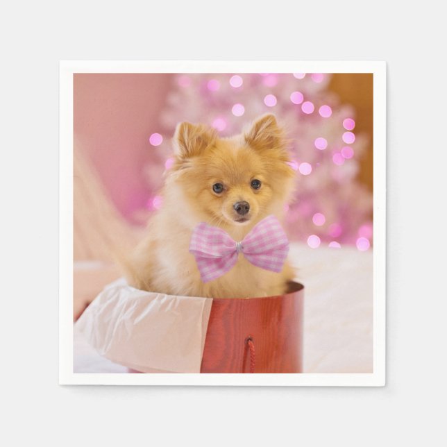 Cute Dog with Pink Bow Christmas Photo Napkin (Front)