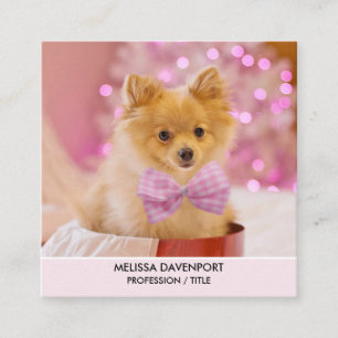 Cute Dog with Pink Bow Christmas Photo Square Business Card