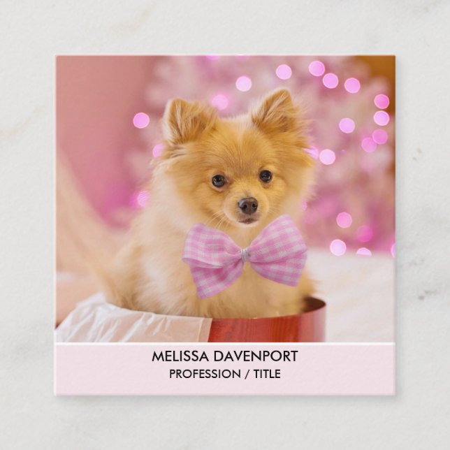 Cute Dog with Pink Bow Christmas Photo Square Business Card (Front)
