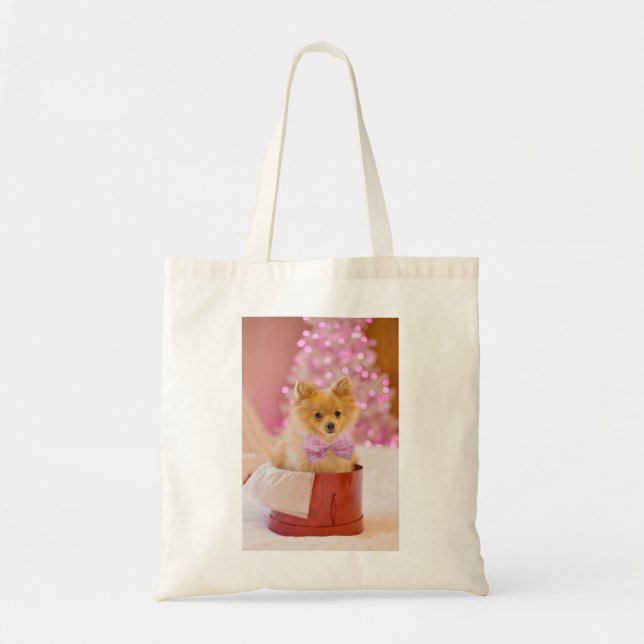 Cute Dog with Pink Bow Christmas Photo Tote Bag (Front)