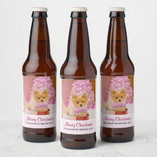 Cute Dog with Pink Bow Christmas Photograph Beer Bottle Label