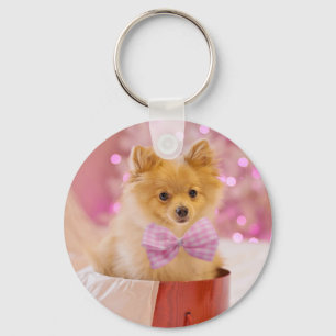 Cute Dog with Pink Bow Christmas Photograph Key Ring