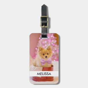 Cute Dog with Pink Bow Christmas Photograph Luggage Tag