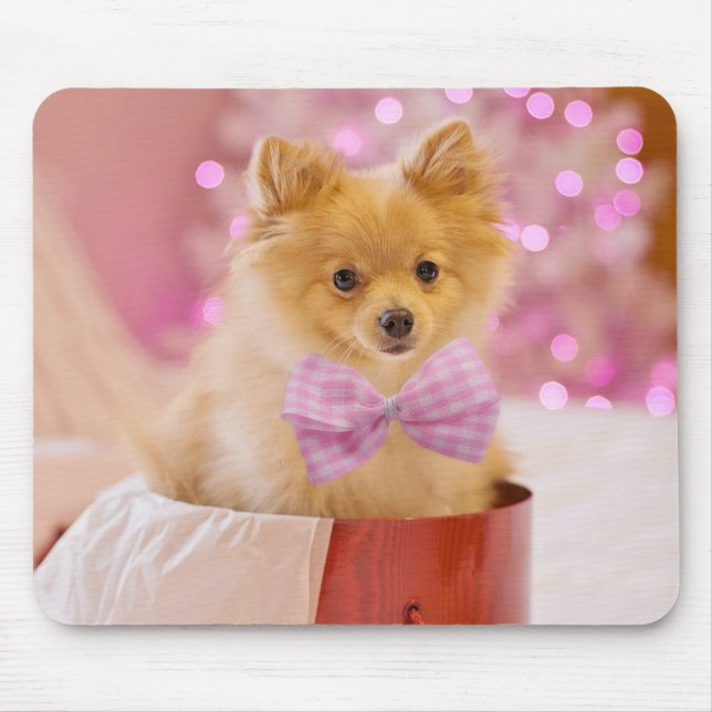 Cute Dog with Pink Bow Christmas Photograph Mouse Mat (Front)