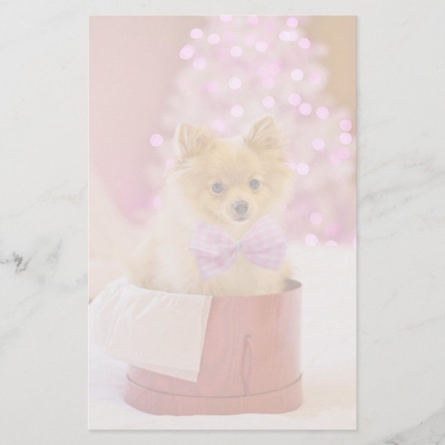 Cute Dog with Pink Bow Christmas Photograph Stationery (Front)