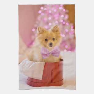 Cute Dog with Pink Bow Christmas Photograph Tea Towel