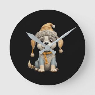 Cute dog with winter clothes round clock