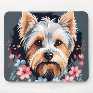 Cute Dog Yorkshire Terrier Flowers Mouse Mat