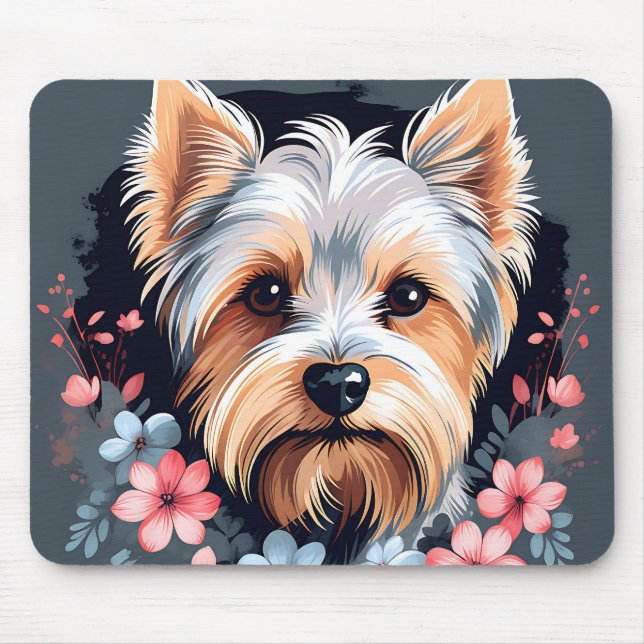 Cute Dog Yorkshire Terrier Flowers Mouse Mat (Front)