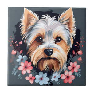 Cute Dog Yorkshire Terrier Flowers Tile