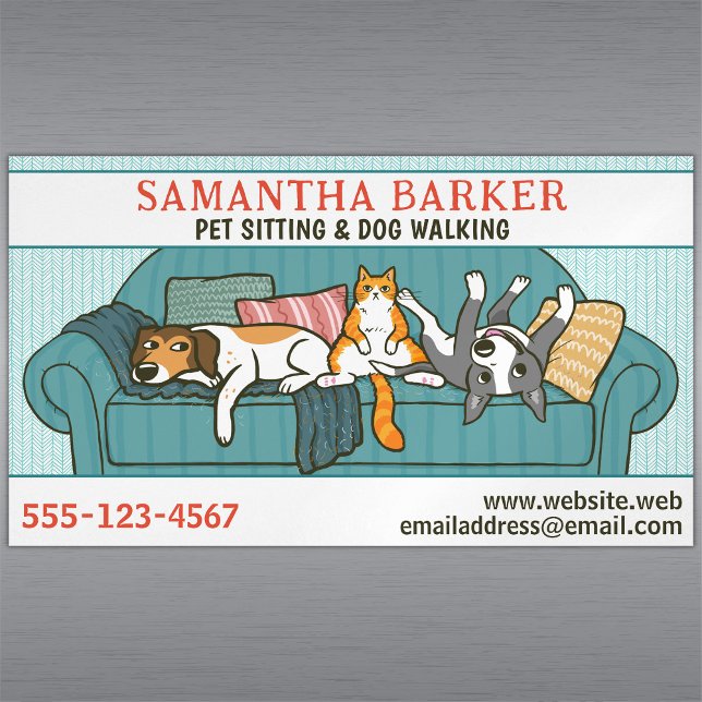 Cute Dogs and Cat Pet Sitting Animal Care Funny Magnetic Business Card (Creator Uploaded)