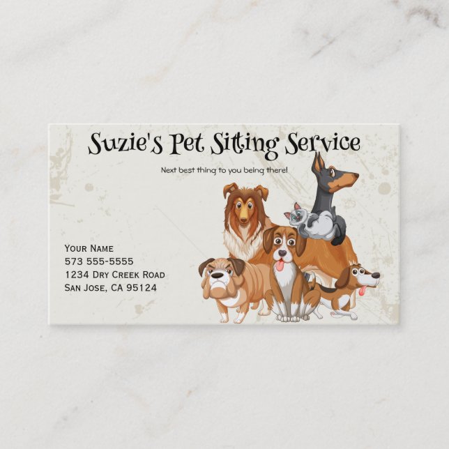 Cute Dogs and Cat Pet Sitting Service Business Card (Front)