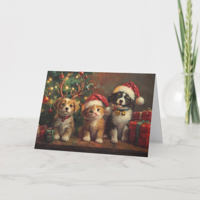 Cute Dogs and Cats Under Christmas Tree Holiday Card (Front)