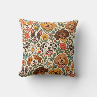 Cute Dogs and Colorful Floral Pattern Cushion