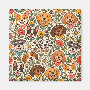 Cute Dogs and Colorful Floral Pattern Magnet