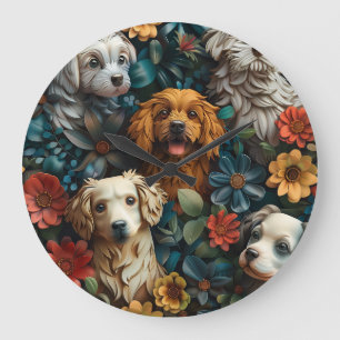 Cute dogs and colorful flowers design large clock
