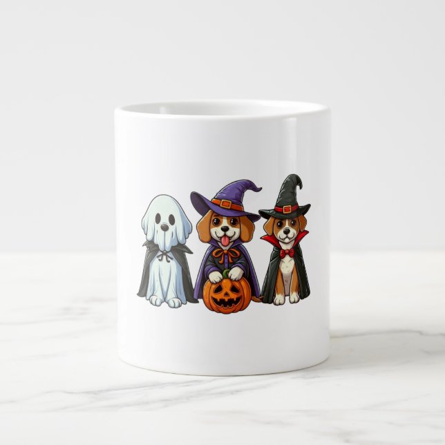 Cute dogs as ghost, witch, and vampire large coffee mug (Front)