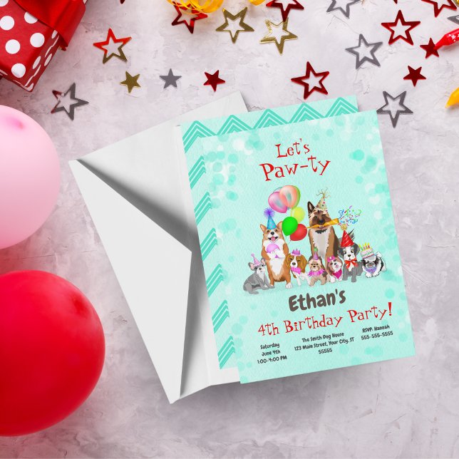 Cute Dogs Birthday Celebration Let's Paw-ty Invitation (Creator Uploaded)