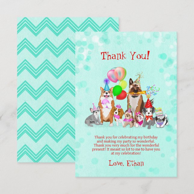 Cute Dogs Birthday Celebration Let's Paw-ty Thank  Thank You Card (Front/Back)