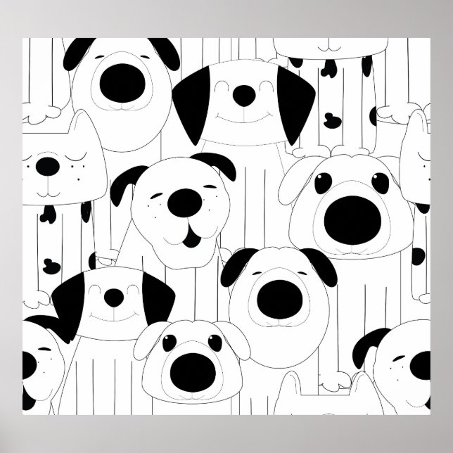Cute dogs: black, white cartoon. poster (Front)