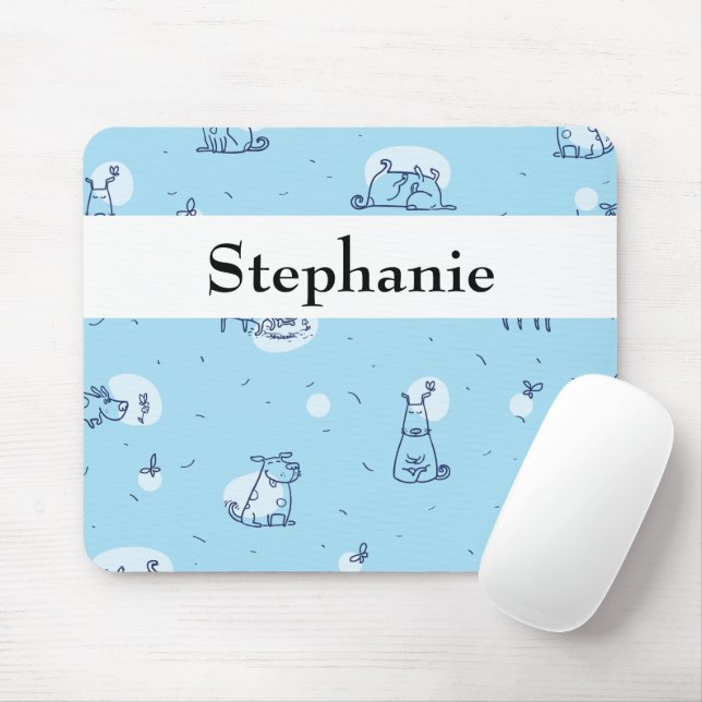 Cute Dogs Blue Sketched Personalised Animals Mouse Mat (With Mouse)