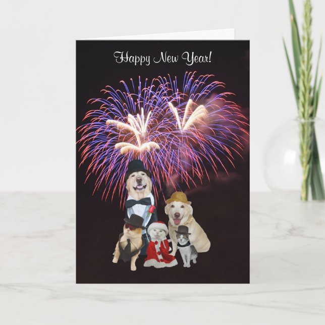 Cute Dogs & Cats Happy New Year Holiday Card (Front)