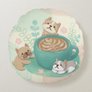 Cute Dogs & Coffee Illustration Round Cushion