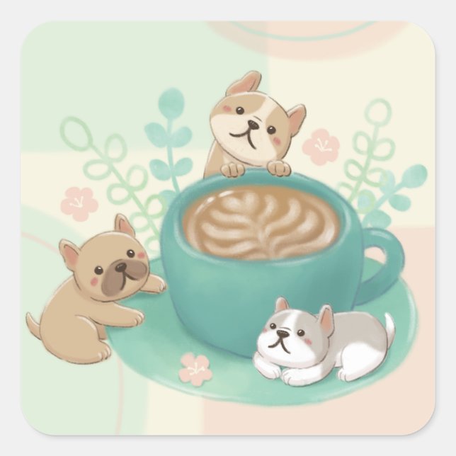 Cute Dogs & Coffee Illustration Square Sticker (Front)