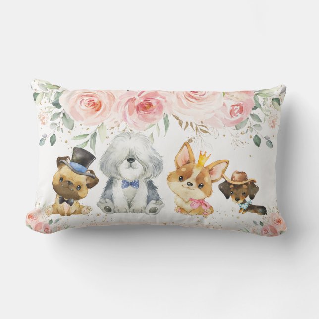 Cute Dogs Corgi Pug Sheepdog Dachshund Pink Floral Lumbar Cushion (Front)