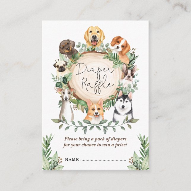 Cute Dogs Diaper Raffle Greenery Puppy Baby Shower Enclosure Card (Front)