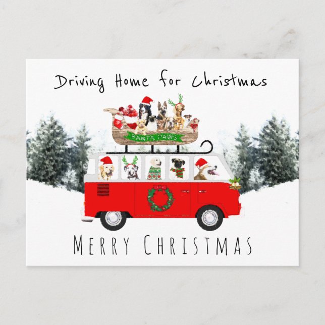Cute dogs driving home for christmas campervan postcard (Front)