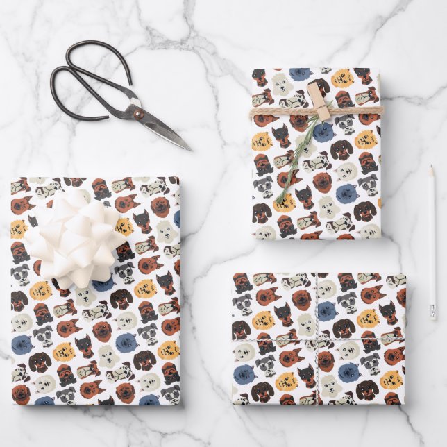 Cute Dogs Faces Pattern Wrapping Paper Sheet (Front)
