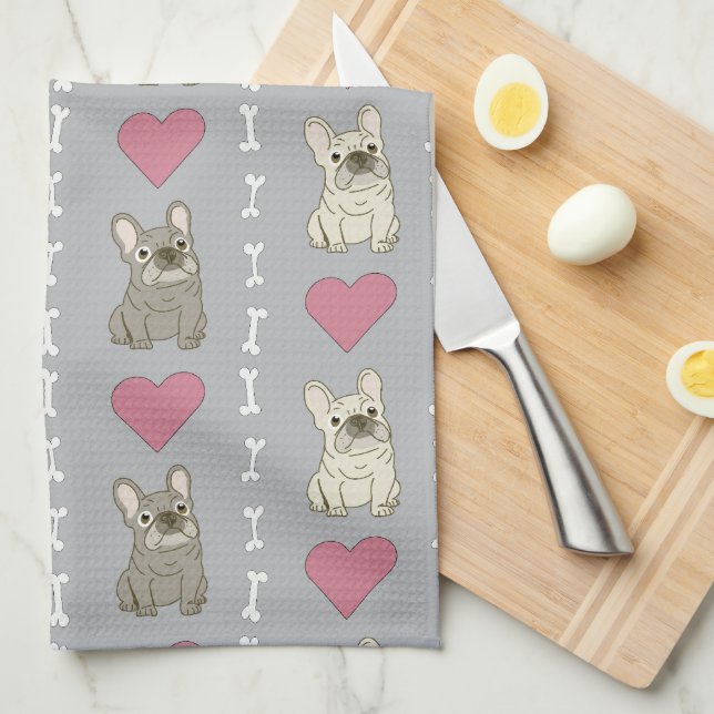 Cute dogs, Frenchie, hearts, and bones Tea Towel (Quarter Fold)