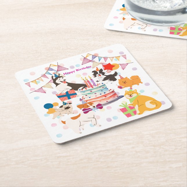 Cute dogs galore! Pink birthday party  Square Paper Coaster (Angled)