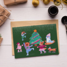 Cute Dogs Ice Skating Dark Green Flat Holiday Card