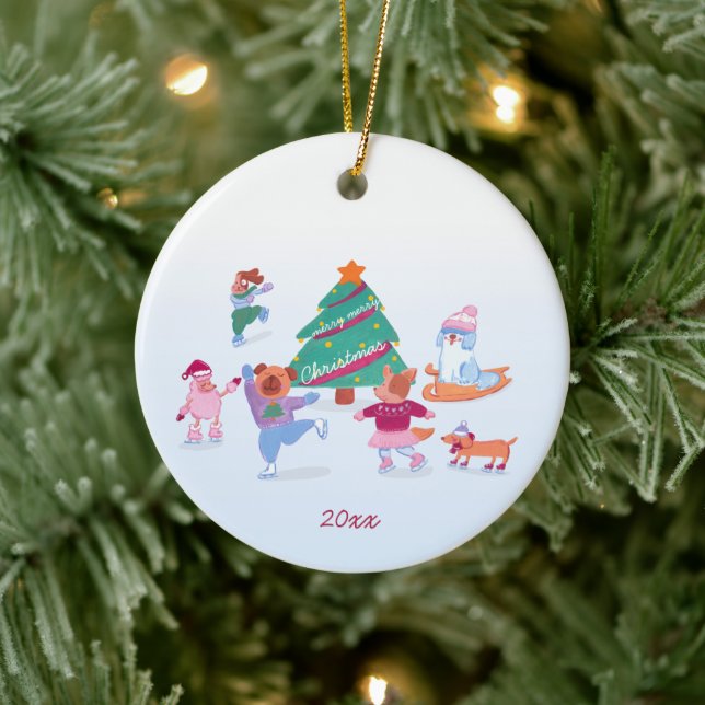 Cute Dogs Ice Skating soft blue Christmas Photo Ceramic Tree Decoration (Tree)