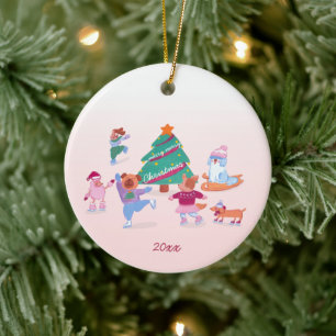 Cute Dogs Ice Skating soft pink Christmas Photo Ceramic Tree Decoration