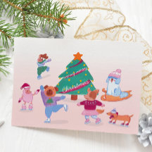 Cute Dogs Ice Skating soft pink Flat Holiday Card