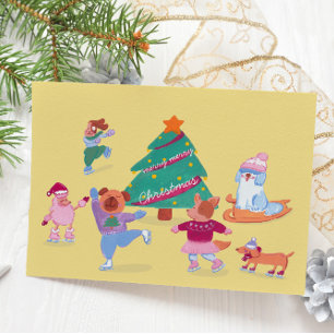 Cute Dogs Ice Skating yellow Flat Holiday Card
