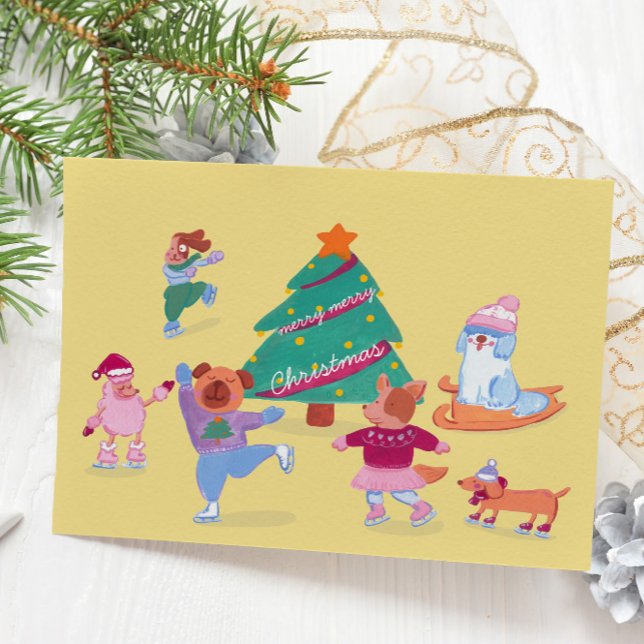 Cute Dogs Ice Skating yellow Flat Holiday Card (Creator Uploaded)