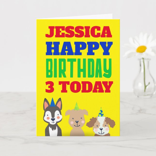 Cute Dogs Kids Any Age Name Yellow Birthday Card (Small Plant)