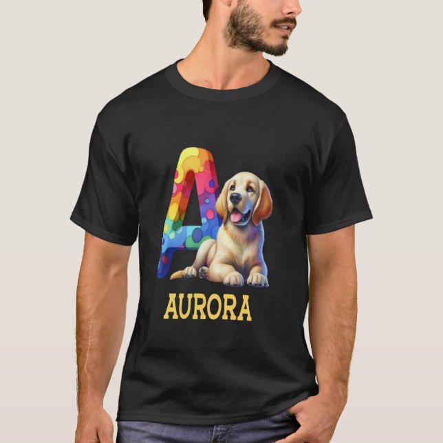 Cute Dogs Letter Aurora Name Rainbow Dog T-Shirt (Front)