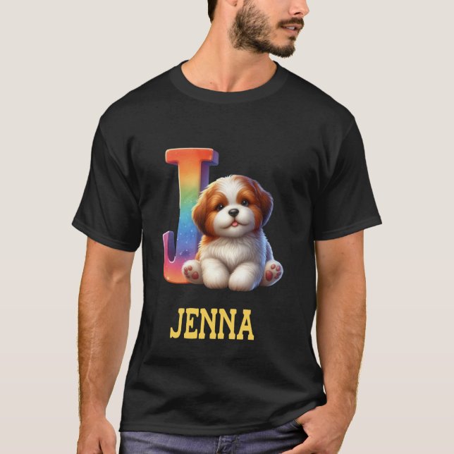 Cute Dogs Letter Jenna Name Rainbow Dog T-Shirt (Front)