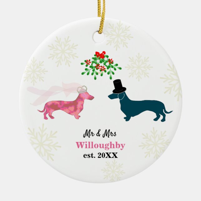 Cute Dogs Mistletoe Newlyweds Keepsake Christmas Ceramic Tree Decoration (Front)