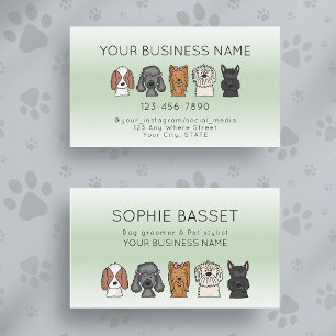 Cute Dogs Modern Green Grooming Business Card