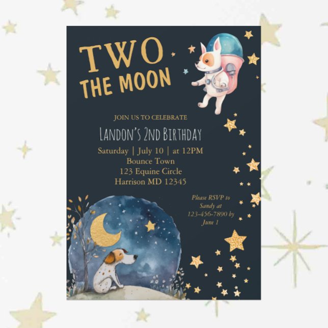 Cute Dogs on the Moon Boys Second Birthday Invitation (Creator Uploaded)