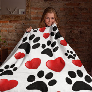 Cute Dogs Paw Prints and Hearts Throw Blanket