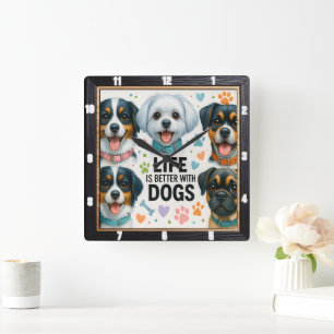 Cute Dogs Paws Heart  Square Wall Clock