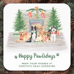 Cute Dogs Pet Business Dog Lover Christmas Square Sticker<br><div class="desc">Send christmas greetings this holiday season with this cute dogs, cats, puppies and kittens in a watercolor design. This animal lover holiday sticker features dogs, yellow labrador retriever, border collie, golden retriever, pomeranian, beagle and a husky malamute a fireplace scene with holiday trees, stockings and presents. Personalise with business name....</div>