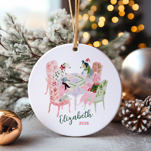 Cute Dogs Playing Mahjong at Christmas Ceramic Tree Decoration